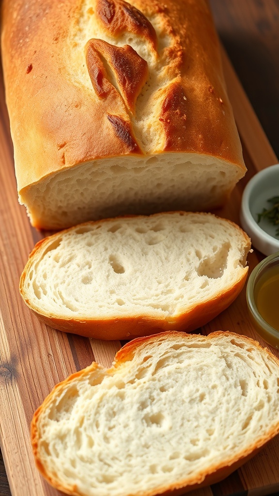 Gluten-Free Bread Maker Recipe Freshly baked gluten-free bread loaf sliced on a wooden board with olive oil and herbs.
